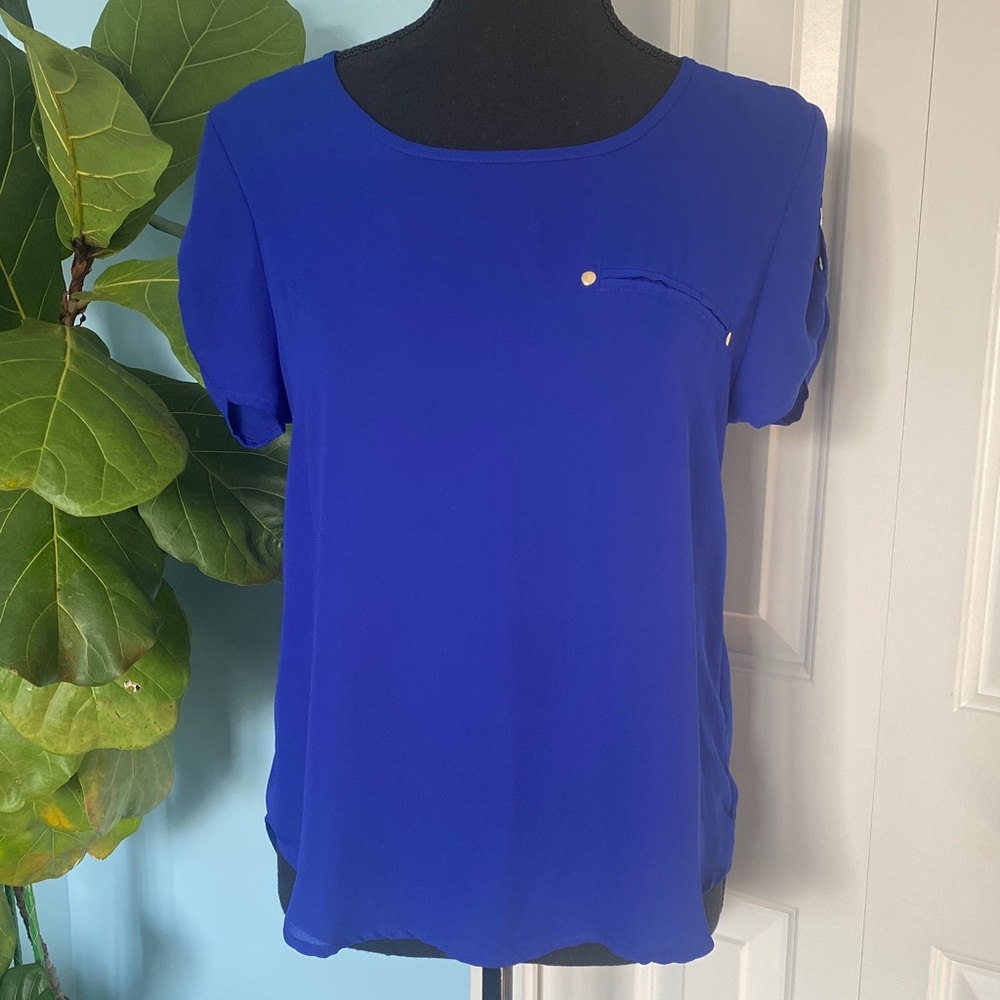 Sweet Wanderer Vibrant Blue Small Blouse Short Sleeve Top With Faux Pocket